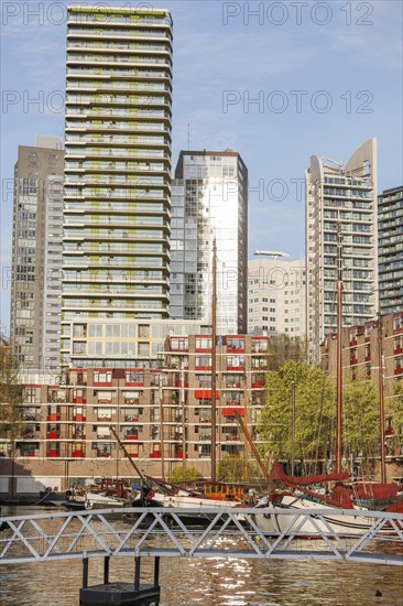 Boats in the harbour against a backdrop of modern skyscrapers in sunny weather, small harbour in a