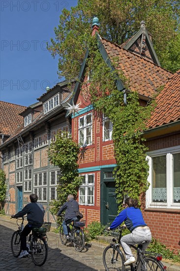 Half-timbered house, cyclist, old town, Lauenburg, Schleswig-Holstein, Germany, Europe