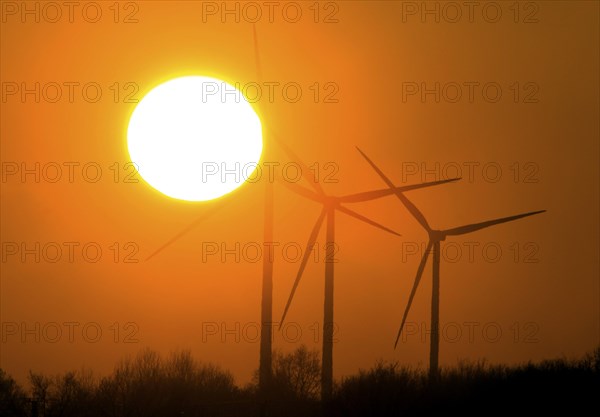 Sunset on 09.12.2014 at a wind farm in Jaenschwalde, Jaenschwalde, Brandenburg, Germany, Europe