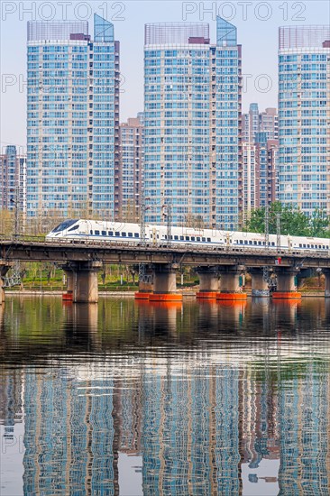 High-speed train of the China Railway CR type CRH5 train from Alstom in Beijing, China, Asia