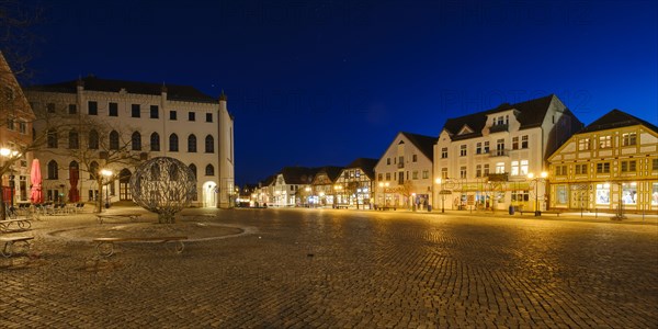 Illuminated buildings with town hall and museum, Neuer Markt, Blue Hour, Waren, Mueritz,