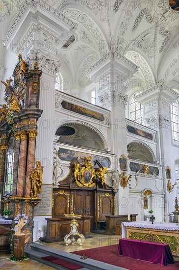 Choir stalls and gallery, former monastery church of St. Peter and Paul, Irsee monastery or abbey,