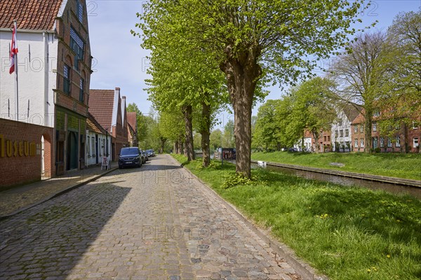 Cobbled street with trees and houses along the Mittelburggraben in Friedrichstadt, Nordfriesland