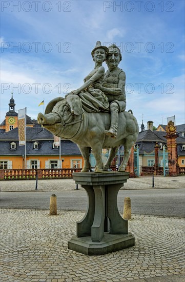 Lucky pig by Peter Lenk in front of the castle on the Schlossplatz, Schwetzingen,