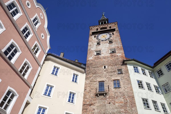 Main square with Huas facades and Schmalzturm, Landsberg am Lech, Upper Bavaria, Bavaria, Germany,