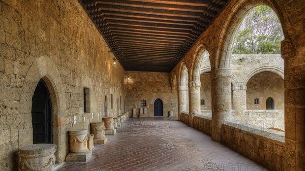 HDR shot, Long corridor in a historic building with Gothic arcades, medieval architecture, outdoor