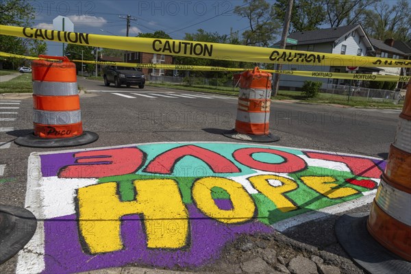 Detroit, Michigan, Artists and students from Noble Elementary-Middle School painted designs on
