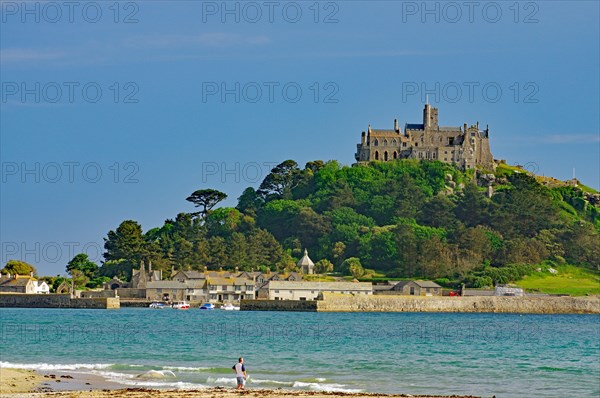 Tidal island with castle, garden and small harbour, Saint Michael's Mount, Penzance, Cornwall,