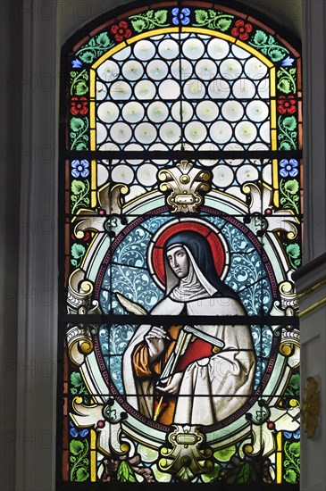 Colourful stained glass window, St. Theresa, Filialkirche Kronburg, Kronburg, Allgaeu, Swabia,
