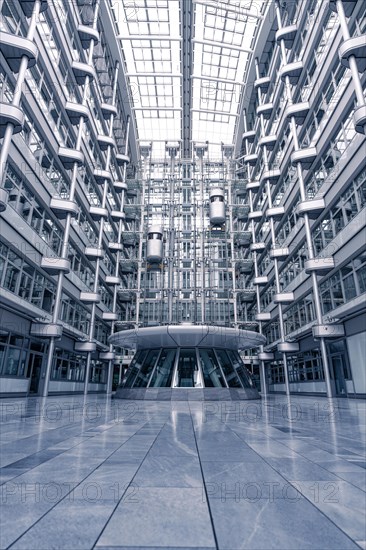 Interior of a modern building with glass facades and symmetrical structures, Berlin, IHK, Germany,