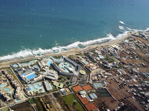 Aerial view of beach sea beach section with large hotel complexes near Heraklion, Heraklion, Crete,