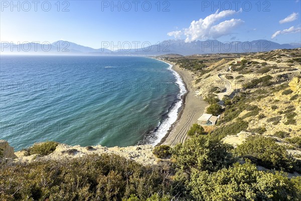View from elevated position point of view on aerial view of beach of Komos Beach on south coast of