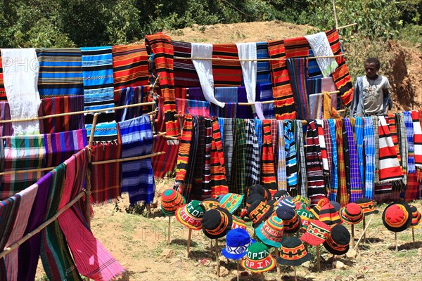 South Ethiopia, souvenirs on the street, handicrafts, home-made shawls, scarves and hats, Ethiopia,