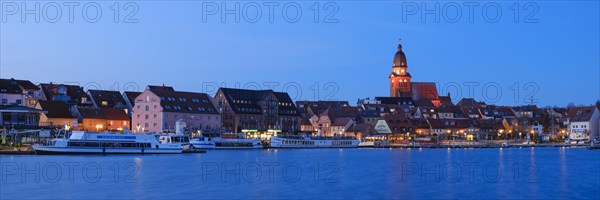 Town view of Lake Mueritz with St Mary's Church, Blue Hour, Waren, Mueritz, Mecklenburg Lake