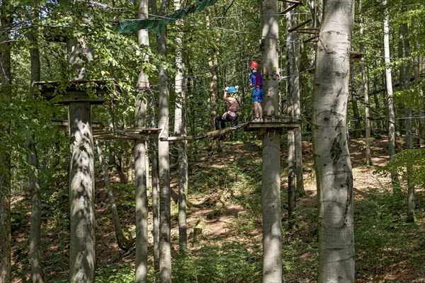 Woman and boy climbing in the climbing forest, platforms, ropes, rope ladders, suspension bridges,
