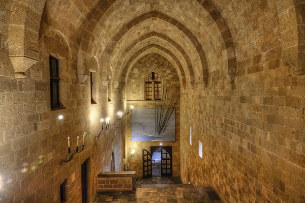 Interior view of a historic building with vaulted ceiling and soft lighting, interior view, Grand