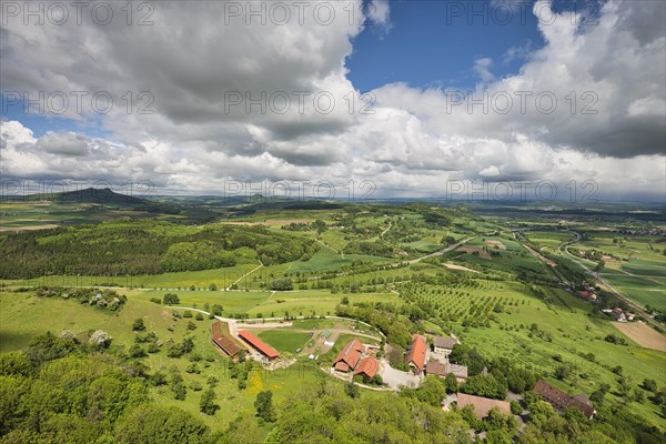 View from the Hohentwiel fortress ruins to the domain, with the Hohenstoffeln, Hohenhewen and