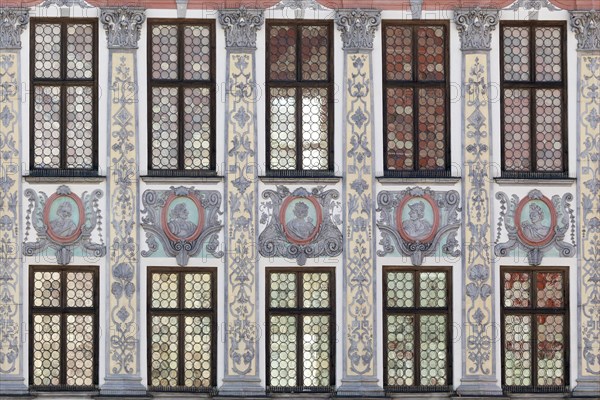 Detail of the historic town hall with a magnificent rococo facade on the main square, Landsberg am