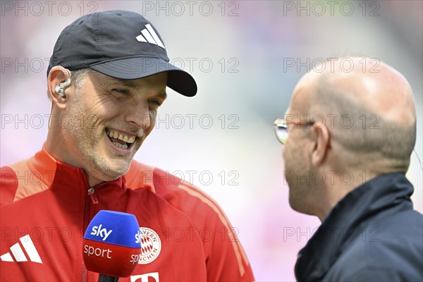 Coach Thomas Tuchel FC Bayern Munich FCB portrait, in interview, microphone, mike, logo, smiles,