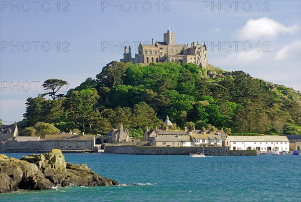 Tidal island with castle, garden and small harbour, Saint Michael's Mount, Penzance, Cornwall,