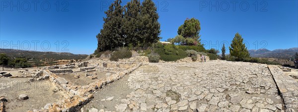 View of upper part of settlement of Phaistos with upper square courtyard open space court left next
