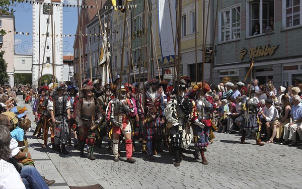 Tradition. Frundsberg Festival in Mindelheim in the Unterallgaeu. Parade through the town, Allgaeu,