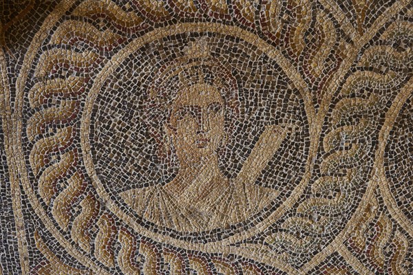 Kleio, the muse of history with scroll, One of the nine muses, Finely crafted mosaic of an ancient