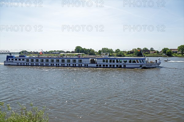 Cruise ship Swiss Ruby leaves Lauenburg, Schleswig-Holstein, Germany, Europe