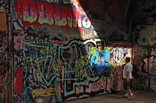 Graffiti artist at work in a skateboard park on the Thames, London, England, Great Britain