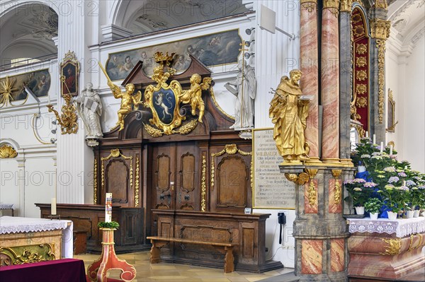 Choir stalls and gallery, former monastery church of St. Peter and Paul, Irsee monastery or abbey,