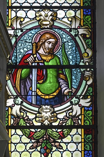 Colourful stained glass window, St. Theodorus, Kronburg branch church, Kronburg, Allgaeu, Swabia,