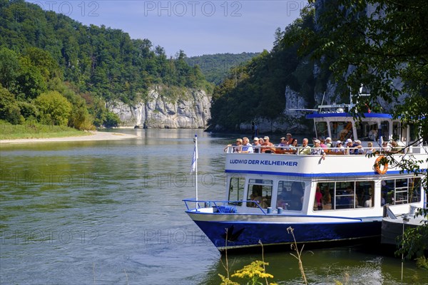 Excursion boat, Danube boat, in the Danube gorge, Weltenburger Enge, gorge, Upper Jura, Weltenburg,