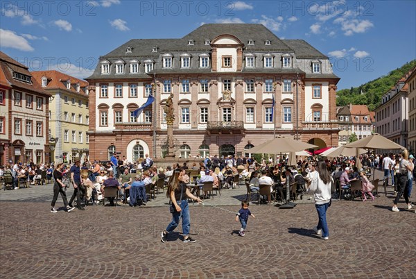 Heidelberg Town Hall on the Town Hall Square, Rathausplatz with the Hercules Fountain, Heidelberg,