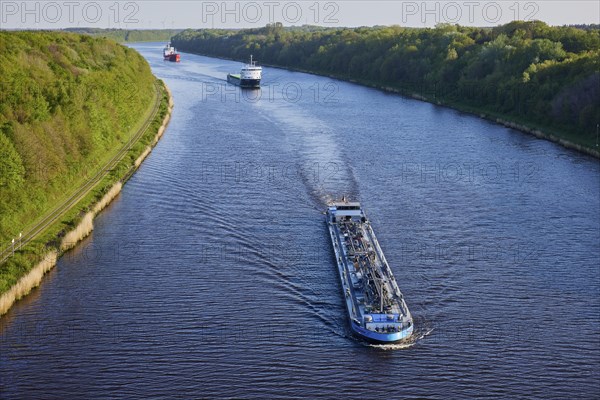 Shipping traffic on the Kiel Canal near Beldorf, Rendsburg-Eckernfoerde district,