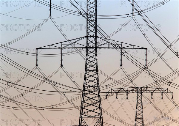 Power lines and pylons on 09 December 2014 in Jaenschwalde, Jaenschwalde, Brandenburg, Germany,
