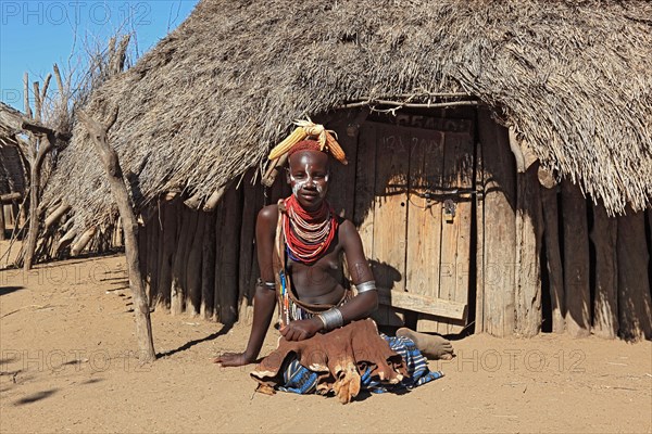 South Ethiopia, Omo region, among the Karo people, young woman, girl with jewellery and face