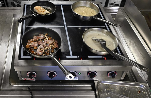 Hotplate Pans with bacon, cream sauce, chicken breast and Rice