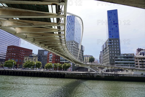 Pedestrian bridge Zubizuri, White Bridge, Bilbao, Unusual perspective of a bridge with a view of