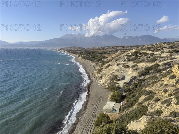 View from elevated position point of view on aerial view of beach of Komos Beach on south coast of
