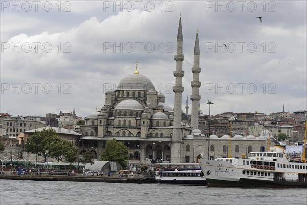 View of the New Mosque on the shore with ships and flying birds, Istanbul, Istanbul Province,