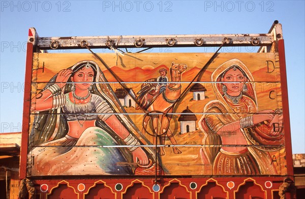 Painting at the rear of a truck, idealized scene in the Thar desert, Rajasthan, India, Asia