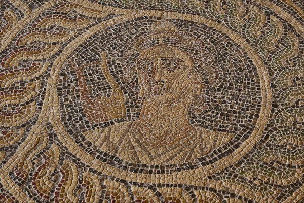Erato, the muse of love poetry, zither, one of the nine muses, mosaic art with a person showing a