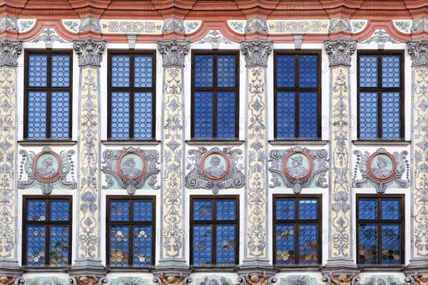 Detail of the historic town hall with a magnificent rococo facade on the main square, Landsberg am