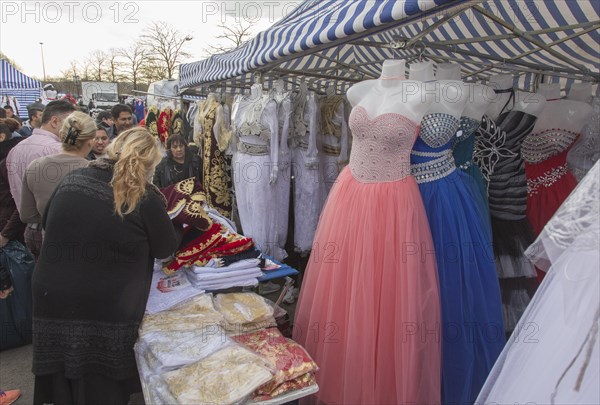 A Turkish stall offers women's clothing at the flea market in Gelsenkirchen, on 12/04/2015,