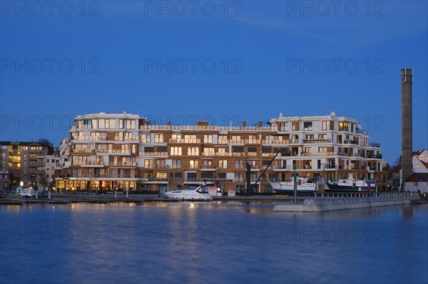 Apartment building on Lake Mueritz, Blue Hour, Waren, Mueritz, Mecklenburg Lake District,