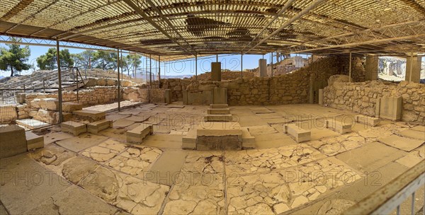 Panoramic view of remains of megaron with vestibule connected main room of chambers of king In
