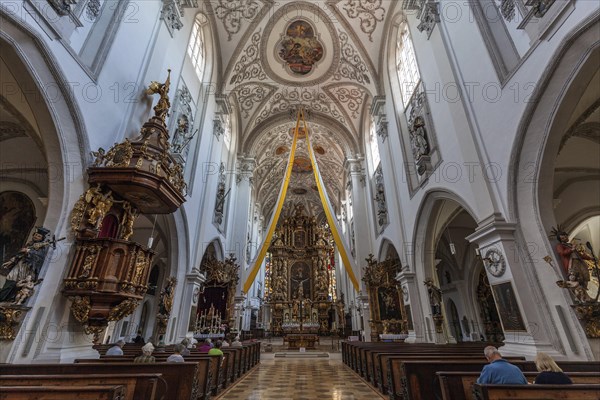 Interior and altar of the parish church of the Assumption of the Virgin Mary, Landsberg am Lech,