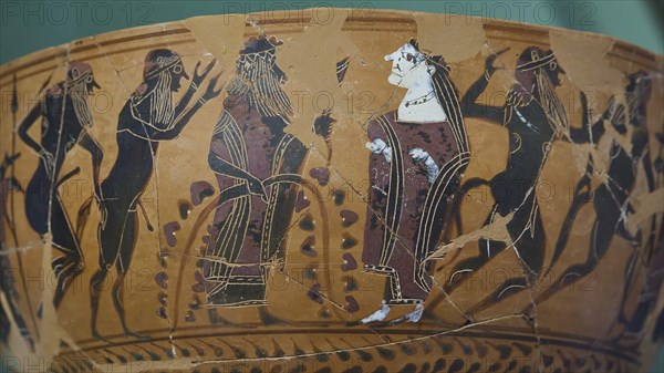 Ariadne ariadne, Dionysus, Satyr, Antique vase with Greek mythological figures in black and red,