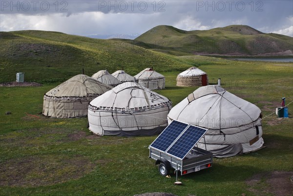 Yurt camp for tourists supplied with solar generated electricity, near lake Tolpur, Alay valley,