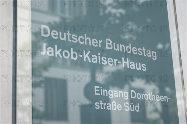 Inscription of the Jakob Kaiser House of the German Bundestag in Berlin, where a search is